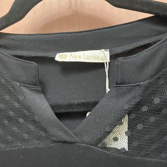 Black pullover blouse with polka dotted shoulder and arms. Size 42 or Medium - Picture 7 of 10